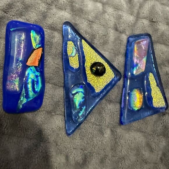 Set of 9 Blue Fused Dichroic Glass Cabochons –Iridescent Handmade Jewelry Pieces - Picture 5 of 16